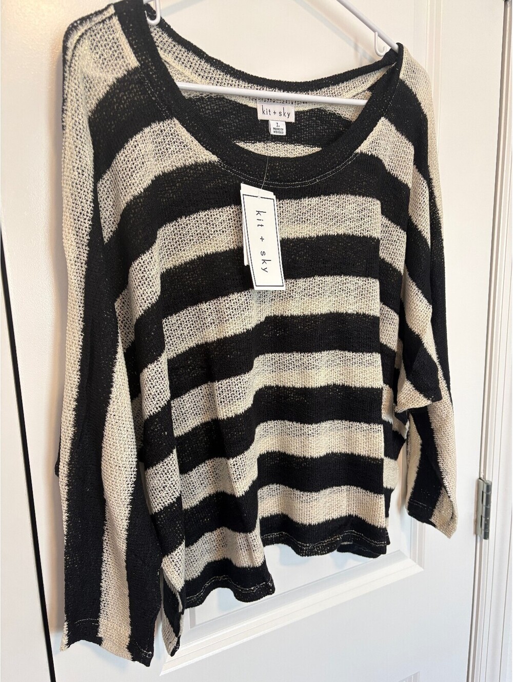 Kit + Sky Black and White Striped Lightweight Knit Sweater Size Large NWT